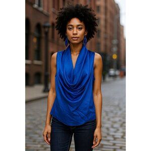 Boston Proper Sleeveless Top M Blue Cowl Neck Draped Blouse Chic Career Wear